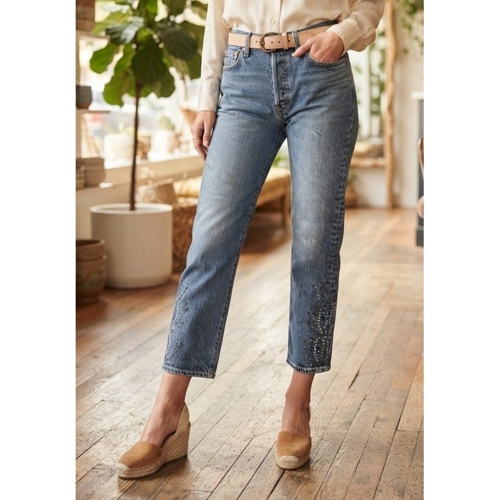 Levi's 501 Curve Button Fly Denim Jeans Women's 28x30 Blue Cotton Rhinestone Hem